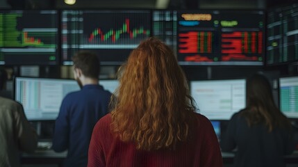 Woman with long hair looking at stock market data on multiple monitors. Team of people working in a trading room.