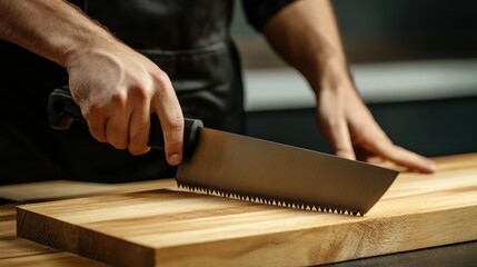 A carpenter cutting a wooden board with a saw. Featuring precision and craftsmanship