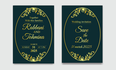 Luxury wedding invitation card template with golden pattern