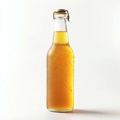 Amber glass kombucha bottle with white label on white background