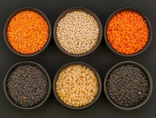Six bowls of various lentils (red, yellow, brown, black) on a dark background. Perfect for cooking blogs, recipe websites, or food packaging.