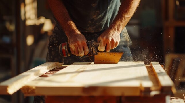 A carpenter cutting wood with a saw at a construction site. Featuring precision and craftsmanship - Powered by Adobe
