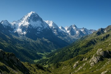 Obraz premium Majestic Mountain Range Breathtaking Panoramic View of Snow-Capped Peaks and Lush Green Valley