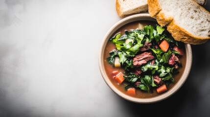 Hearty Beef Stew with Leafy Greens and Crusty Bread