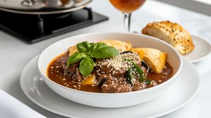Beef Stew with Sesame Seeds and Basil, Served with Crusty Bread Rolls