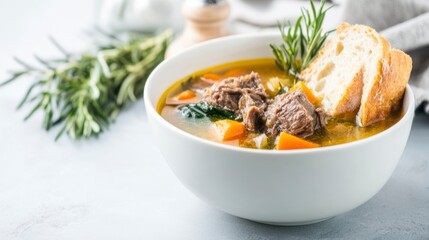 Warm Beef and Vegetable Soup with Rosemary and Crusty Bread