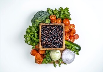 Overhead View of Black Beans and Assorted Fresh Vegetables on White Background