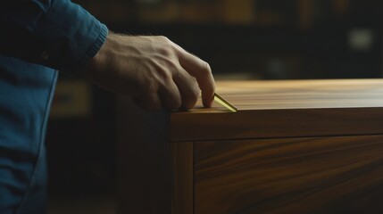 Obraz premium A carpenter measuring wood for a custom piece of furniture. Featuring precision and skill