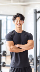 日本人 男性 アジア人 ムキムキ 筋肉 パーソナル トレーナー スマイル ジム バストショット 黒 灰色 白 背景