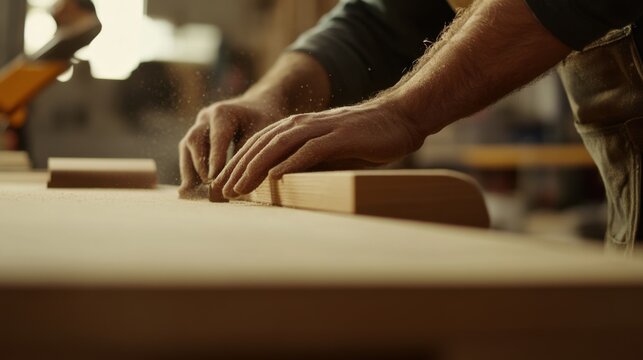 A carpenter sanding wood for a custom furniture piece. Featuring detail and craftsmanship