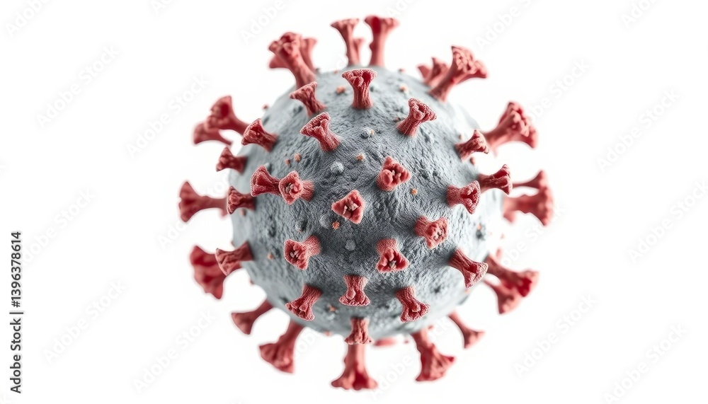 Poster microscopic view of a grey and red microorganism on white background