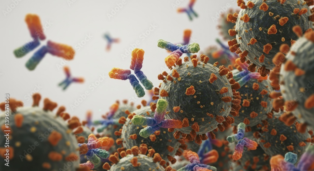 Aufkleber microscopic view of antibodies attacking pathogens 3d render