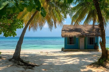 Tropical beach hut surrounded by palm trees on sandy shore, serene island retreat, coastal getaway, exotic beachside cabin