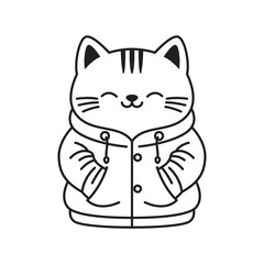 Funny Cat Kitten Pet Animal Cartoon Character Wearing Jacket Coat Raincoat in Line Art Design