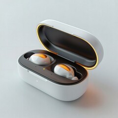 Opened wireless charging case with earbuds on white background
