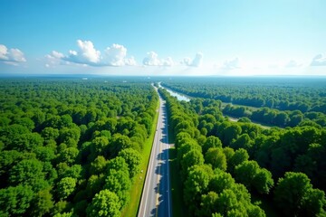 Naklejka premium Aerial view of air highway cutting through lush landscapes under clear blue sky, beauty, sky