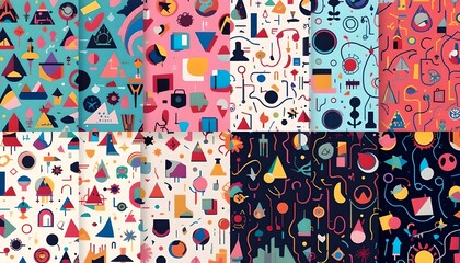 Naklejka premium Seamless Memphis-style patterns with bold, colorful geometric shapes in playful, retro 80s and 90s design.