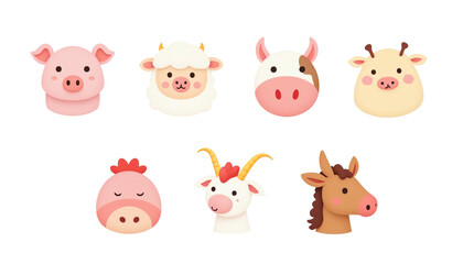 Obraz premium Cute cartoon farm animal faces, white isolated background