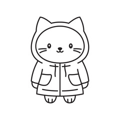 Funny Cat Kitten Pet Animal Cartoon Character Wearing Jacket Coat Raincoat in Line Art Design