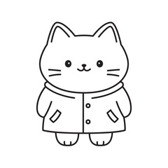 Funny Cat Kitten Pet Animal Cartoon Character Wearing Jacket Coat Raincoat in Line Art Design