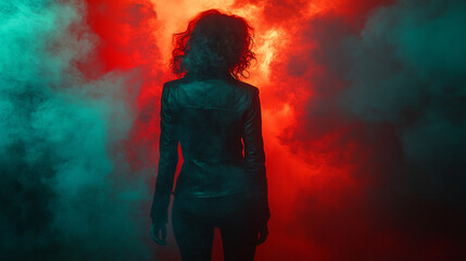 A young female silhouette blends with soft lighting and vibrant cloudscape, creating a dreamlike fusion that symbolizes emotional depth, inner peace, and surreal connection to the modern world.

