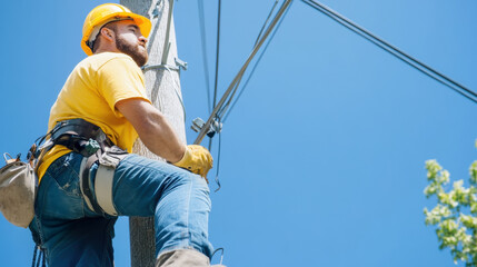 Lineman working on electrical pole, wearing yellow helmet and gloves, against clear blue sky, showcasing dedication and skill