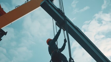 A crane operator guiding a crane to lift heavy beams. Featuring coordination and skill