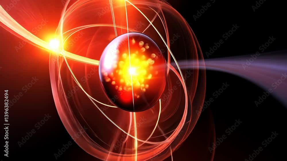 Poster exploring atomic structure with vibrant energy patterns in a dynamic model of an atom