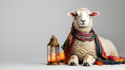 Eid Sheep with Traditional Lantern Sitting Against Grey Background with Clean Banner Space