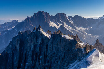 Mont Blanc, Monte Bianco mountain summit snow dome above the Chamonix valley in France. Highest peak in Europe in the Alps, alpine scenic view of Montblanc