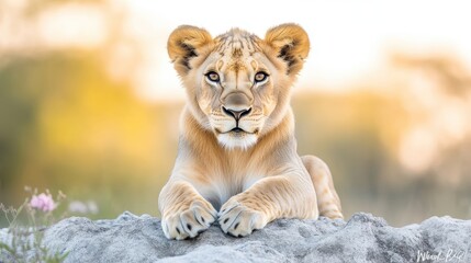 Obraz premium Lion cub resting, golden light