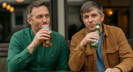 Two caucasian adult males enjoying drinks at outdoor patio bar