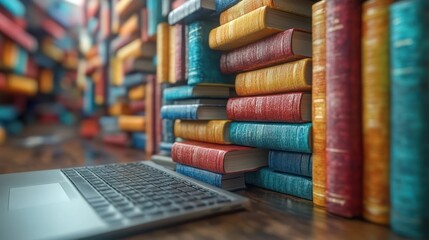 Naklejka premium Digital Age of Literature: Books and Laptop