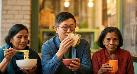 Asian elderly women and young man eating together in a cozy setting