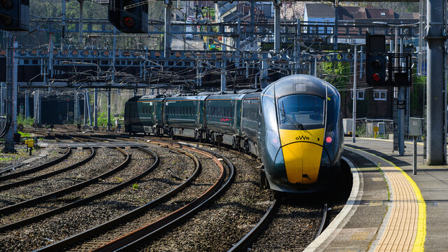 Newport, Wales, UK - April 1, 2025; GWR Intercity Express Train class 800 departs Newport Wales westbound
