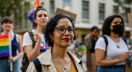 Mature hispanic woman at lgbtq+ pride parade with diverse participants