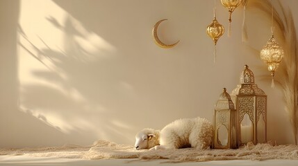 Peaceful White Decor with Moon and Lantern