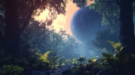 Ethereal forest landscape with celestial body hovering above tranquil canopy