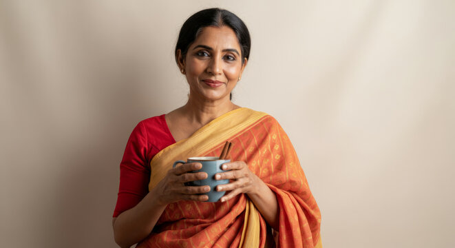 Smiling mature asian female in traditional attire holding a cup against neutral background - Powered by Adobe