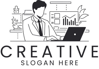 Businessman Working Laptop Data Analysis Office art line desk graph chart clean 