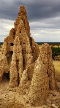 Stunning termitaria rises above golden grasslands in a remote African landscape