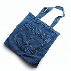 Recycled denim tote bag with label on white background