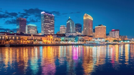 Obraz premium Night View of New Orleans Skyline with River Reflection