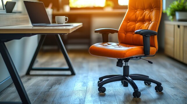 Bright orange chair facing desk with laptop in a sunlit modern workspace - Powered by Adobe