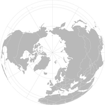 World vector map with country boundaries and graticules (Northern hemisphere, north pole orthographic projection, PPT-compatible & fully editable)