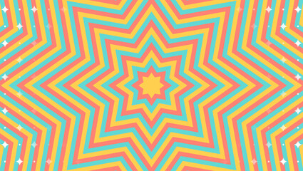 同心状の星形のイメージとキラキラのパターン背景、八角星、ポップなデザイン