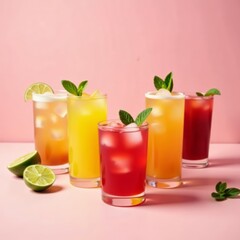 Assortment of chilled cocktails with mint leaves and slices of fruit on pastel pink backdrop, colorful, celebration