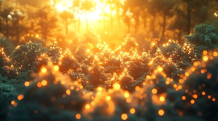 Fototapeta premium Sunlit Forest Landscape with Bokeh Lights and Glowing Foliage Background