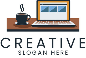 Modern Laptop Coffee Break Creative Workspace Design cup hot desk idea flat icon