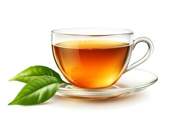 Elegant Crystal Tea Cup with Amber Liquid and Vibrant Green Leaves on White Surface